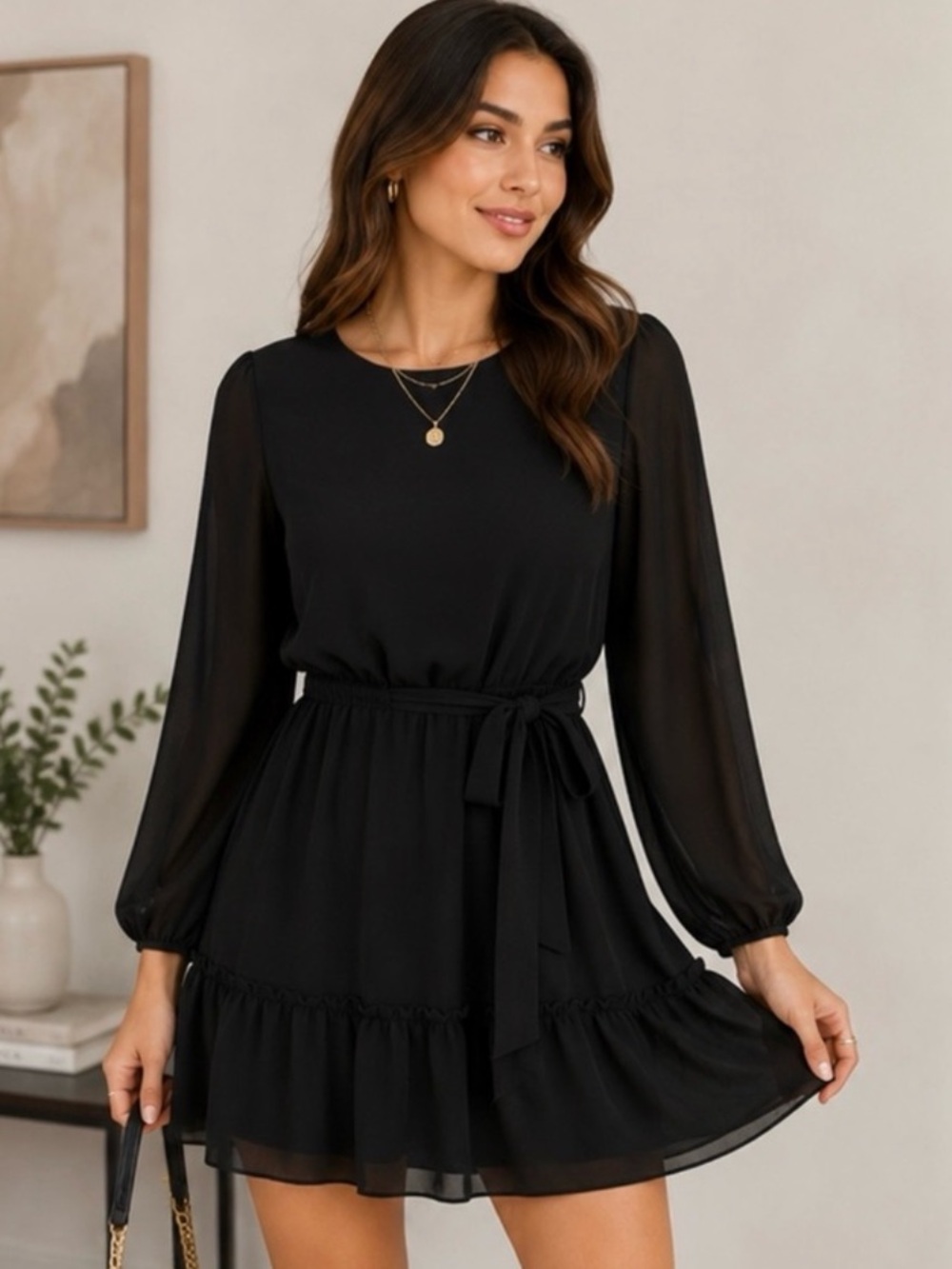 NWT Flying Tomato Black Long Sleeve Belted Chiffon Dress